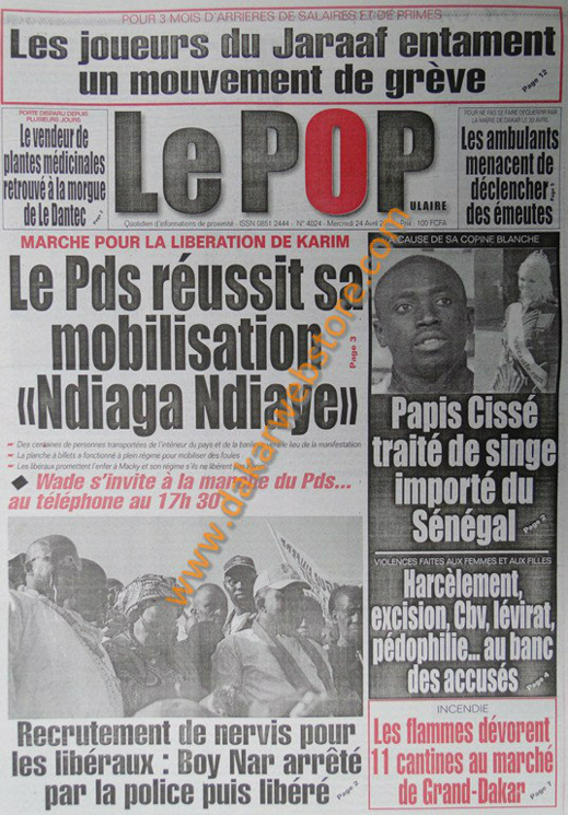 A la Une du Journal Le Populaire du mercredi 24 Avril 2013