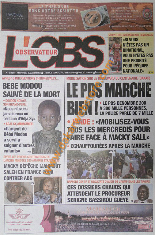 A la Une du Journal L'Observateur du mercredi 24 Avril 2013