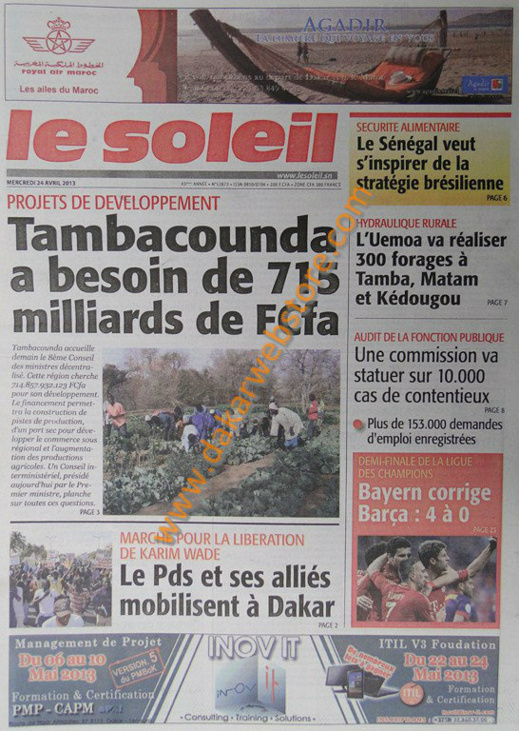 A la Une du Journal Le Soleil du mercredi 24 Avril 2013