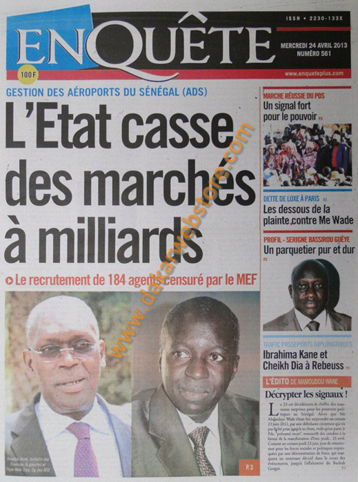 A la Une du Journal EnQuête du mercredi 24 Avril 2013 