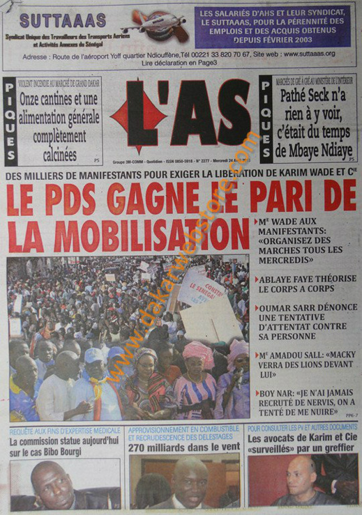 A la Une du Journal L'As du mercredi 24 Avril 2013