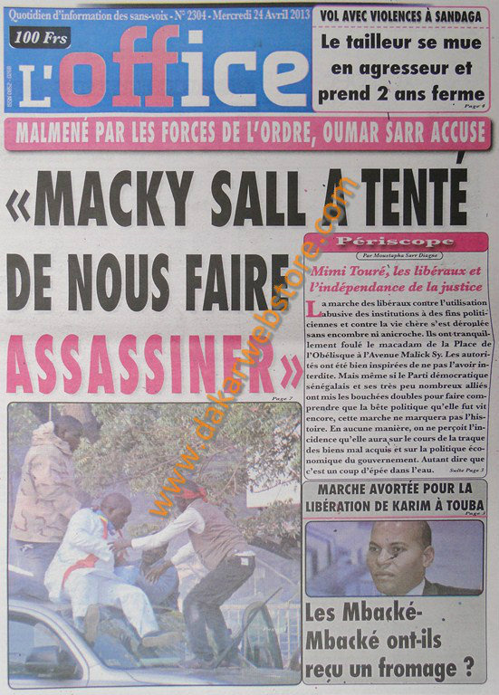 A la Une du Journal L'Office du mercredi 24 Avril 2013