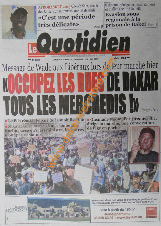 A la Une du Journal Le Quotidien du mercredi 24 Avril 2013