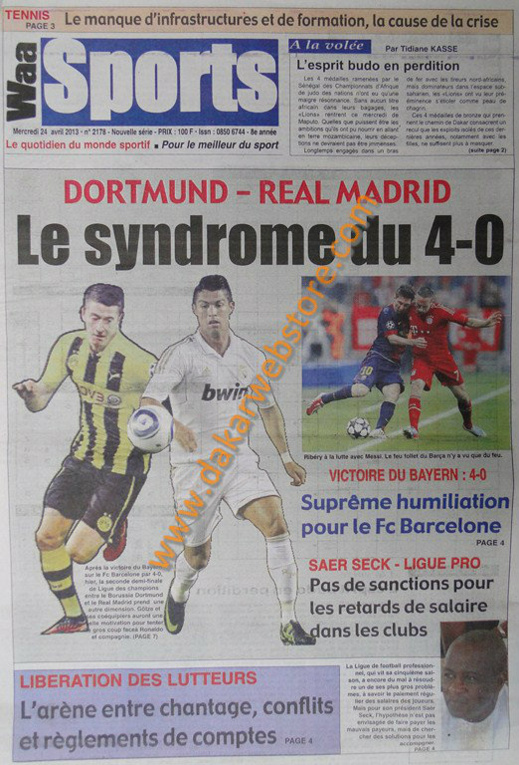A la Une du Journal Waa Sports du mercredi 24 Avril 2013