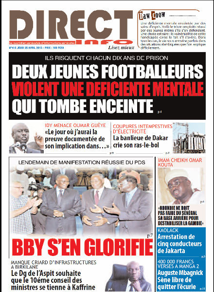 A la Une du Journal Direct Info du jeudi 25 Avril 2013