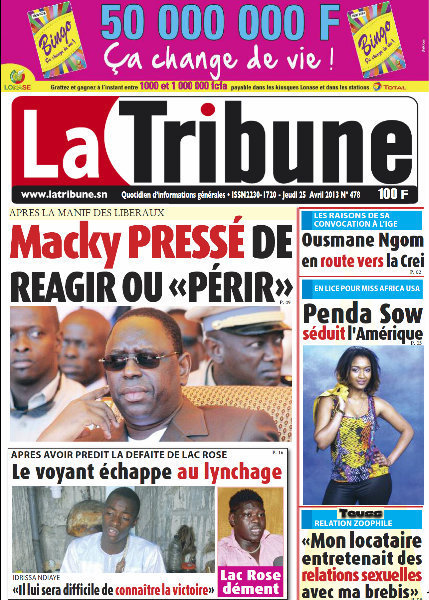 A la Une du Journal La Tribune du jeudi 25 Avril 2013