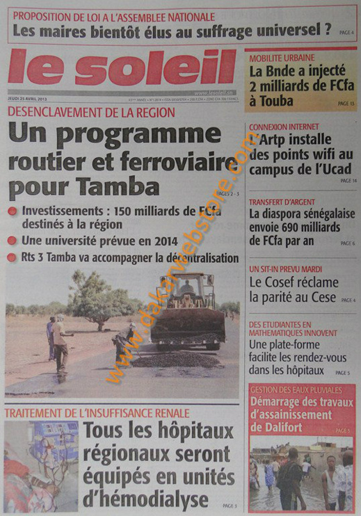 A la Une du Journal Le Soleil du jeudi 25 Avril 2013