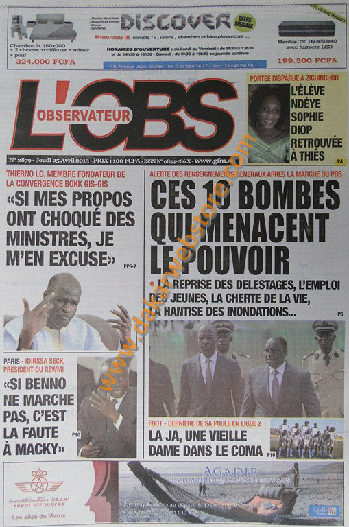 A la Une du Journal L'Observateur du jeudi 25 Avril 2013
