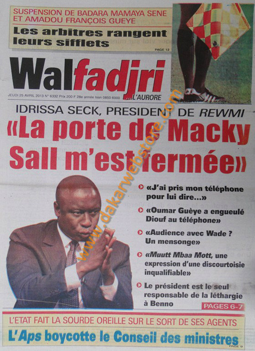 A la Une du Journal Walfadjri du jeudi 25 Avril 2013