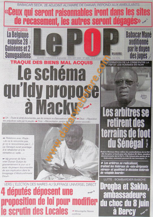 A la Une du Journal Le Populaire du jeudi 25 Avril 2013