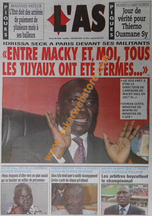 A la Une du Journal L'As du jeudi 25 Avril 2013