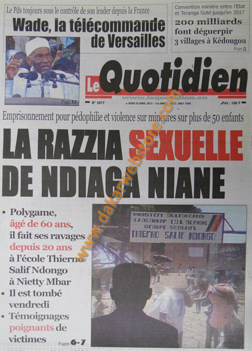 A la Une du Journal Le Quotidien du jeudi 25 Avril 2013