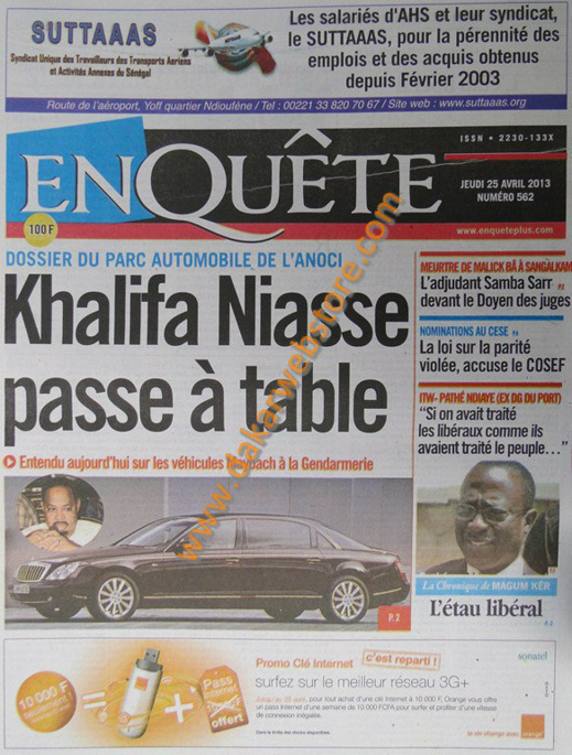 A la Une du Journal EnQuête du jeudi 25 Avril 2013