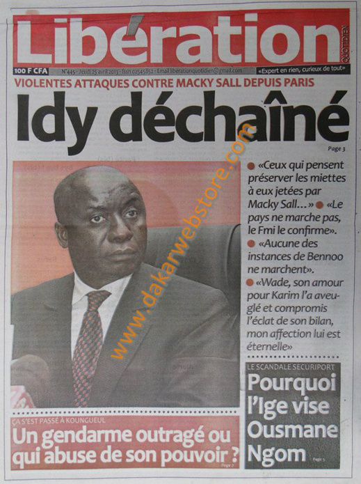 A la Une du Journal Libération du jeudi 25 Avril 2013