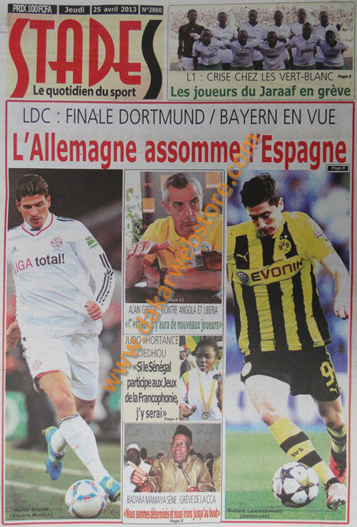 A la Une du Journal Stades du jeudi 25 Avril 2013