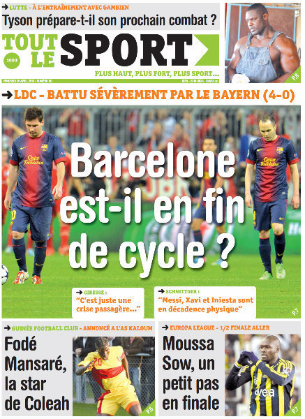 A la Une du Journal Tout Le Sport du vendredi 26 Avril 2013