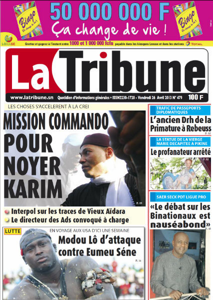 A la Une du Journal La Tribune du vendredi 26 Avril 2013