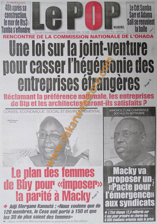 A la Une du Journal Le Populaire du vendredi 26 Avril 2013