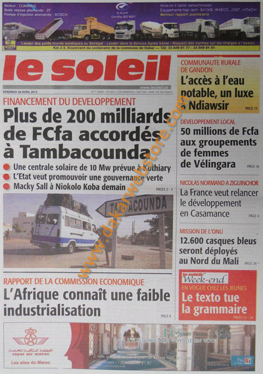 A la Une du Journal Le Soleil du vendredi 26 Avril 2013