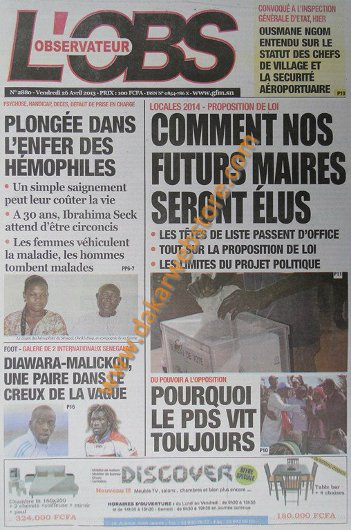 A la Une du journal L'Observateur du vendredi 26 Avril 2013