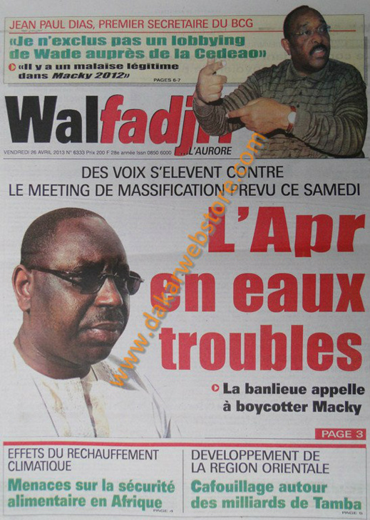A la Une du journal Walfadjri du vendredi 26 Avril 2013