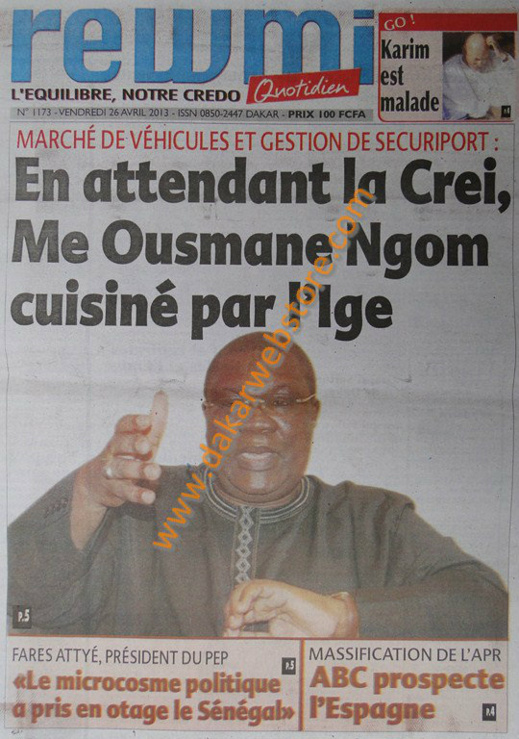 A la Une du journal Rewmi du vendredi 26 Avril 2013