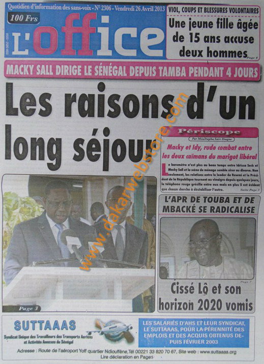 A la Une du journal L'office du vendredi 26 Avril 2013