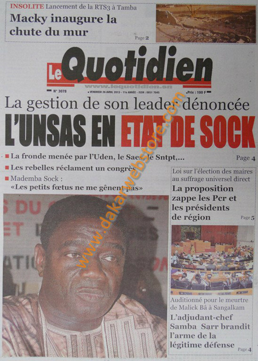 A la Une du journal Le Quotidien du vendredi 26 Avril 2013
