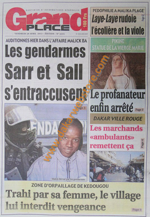 A la Une du journal Grand Place du vendredi 26 Avril 2013