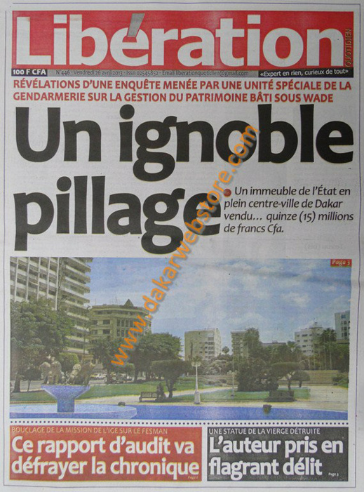 A la Une du journal Libération du vendredi 26 Avril 2013