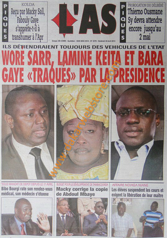A la Une du journal L'As du vendredi 26 Avril 2013