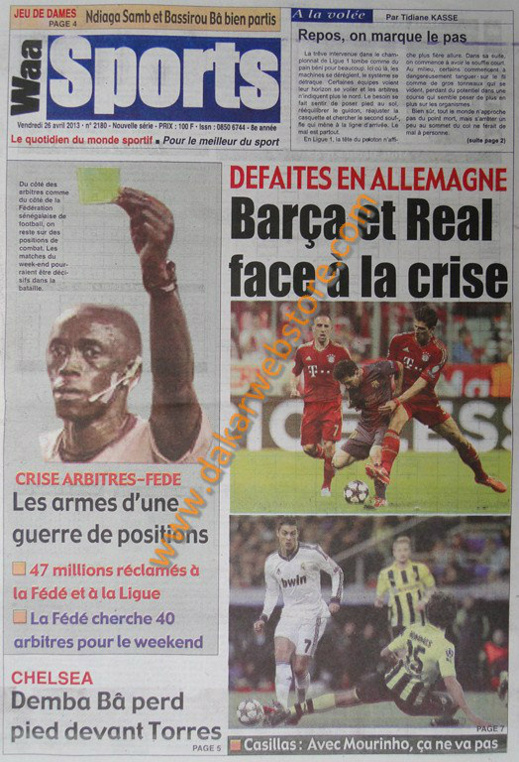 A la Une du journal Waa Sports du vendredi 26 Avril 2013