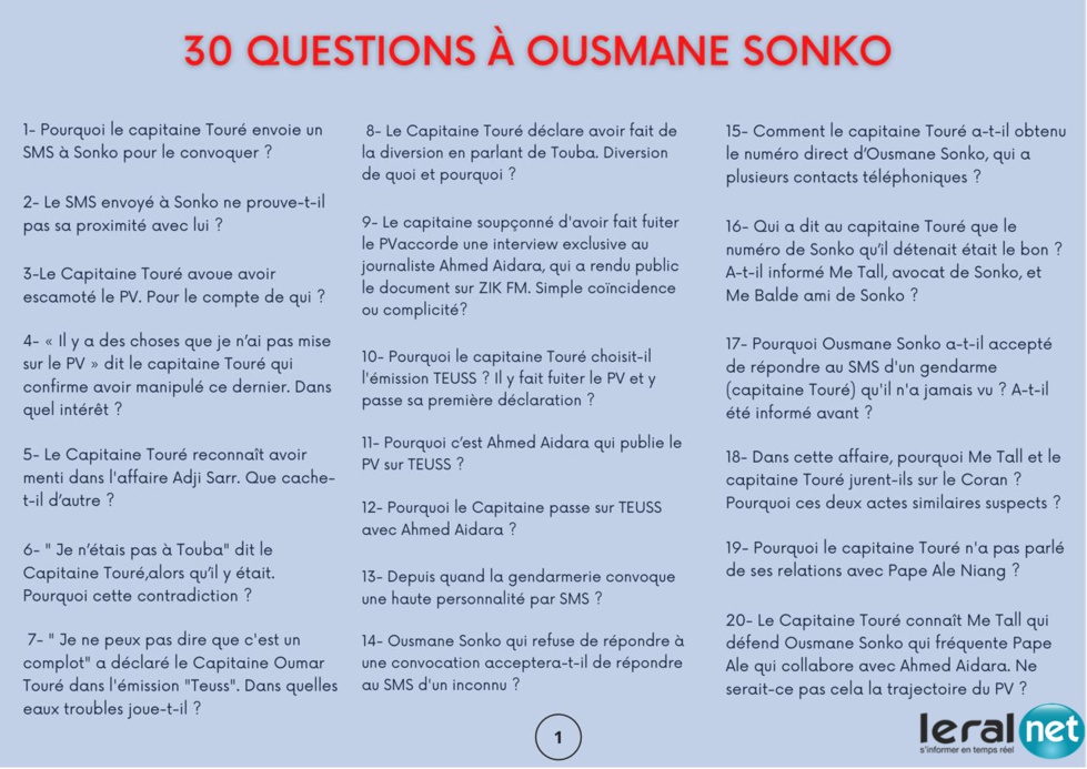 30 QUESTIONS A OUSMANE SONKO ET AU CAPITAINE TOURE