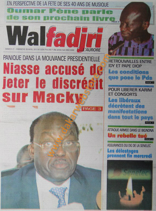 A la Une du Journal Walfadjri du samedi 27 Avril 2013