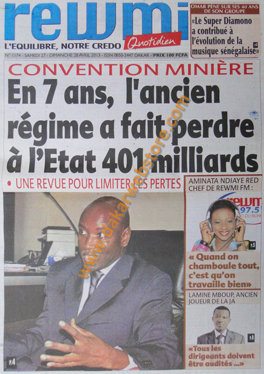 A la Une du Journal Rewmi du samedi 27 Avril 2013
