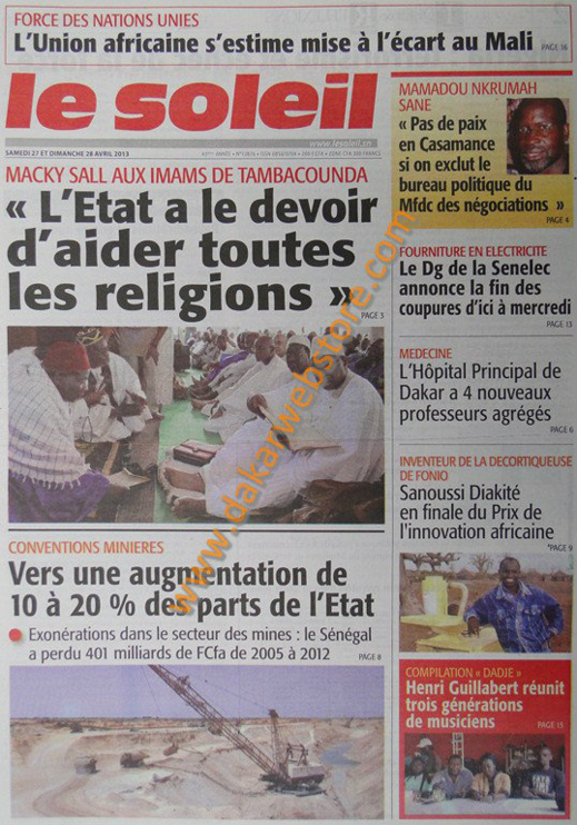 A la Une du Journal Le Soleil du samedi 27 Avril 2013