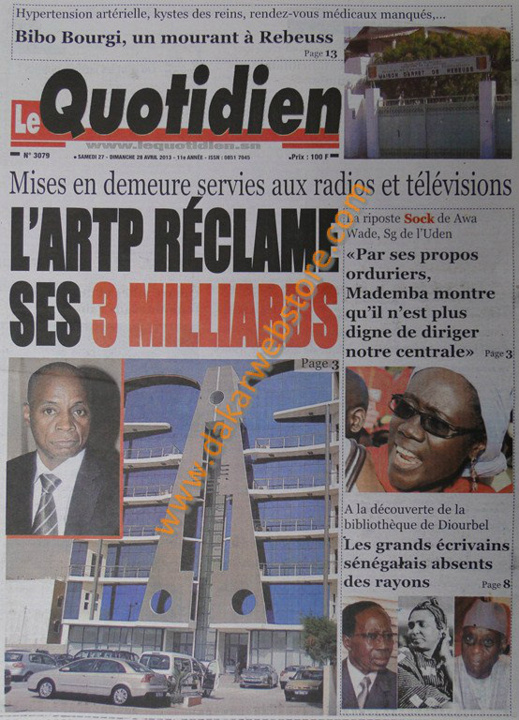 A la Une du Journal Le Quotidien du samedi 27 Avril 2013
