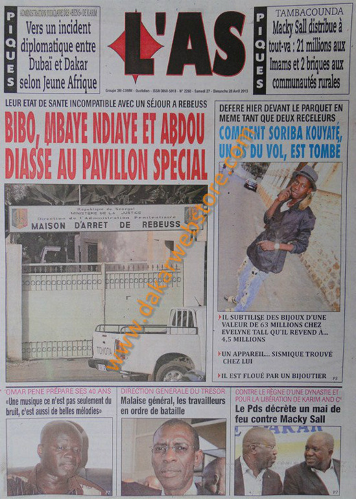 A la Une du Journal L'As du samedi 27 Avril 2013