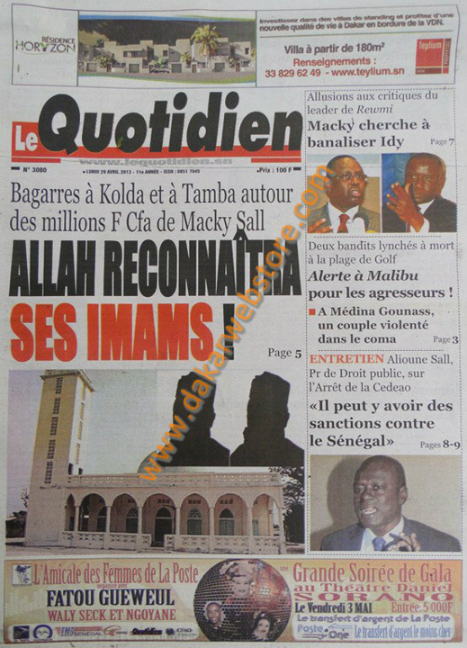 A la Une du Journal Le Quotidien du lundi 29 Avril 2013