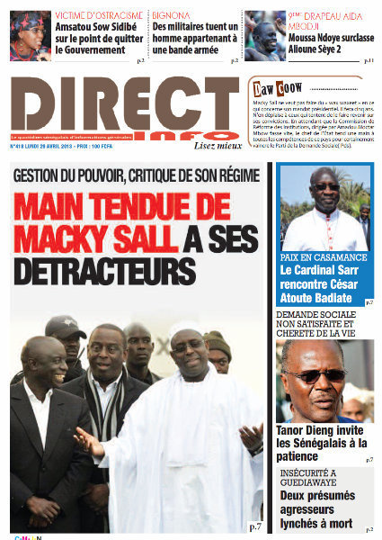 A la Une du Journal Direct Info du lundi 29 Avril 2013