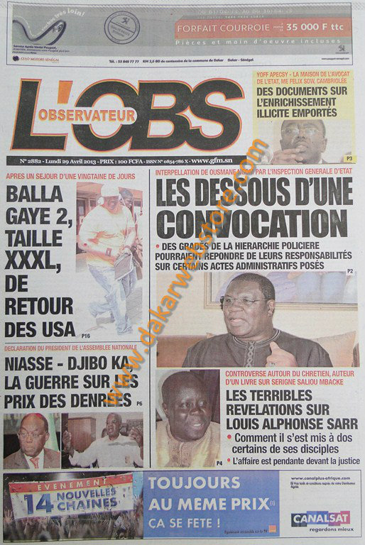 A la Une du Journal L'Observateur du lundi 29 Avril 2013