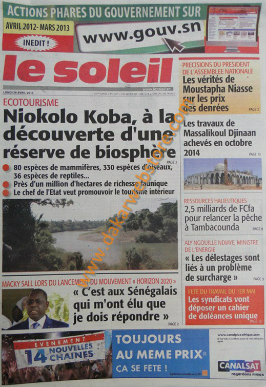 A la Une du Journal Le Soleil du lundi 29 Avril 2013