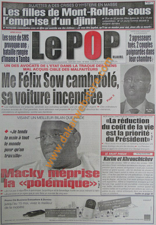 A la Une du Journal Le Populaire du lundi 29 Avril 2013