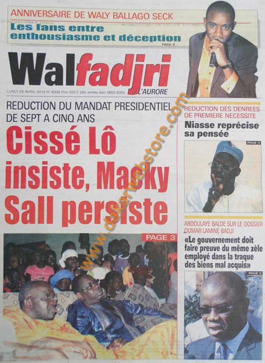 A la Une du Journal Walfadjri du lundi 29 Avril 2013