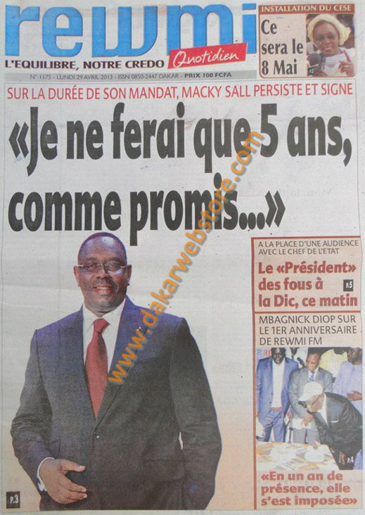 A la Une du Journal Rewmi du lundi 29 Avril 2013