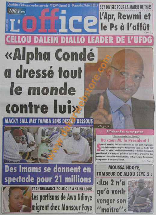 A la Une du Journal L'Office du lundi 29 Avril 2013