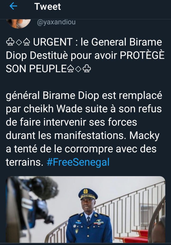 Le Général Birame Diop n'a pas été destitué, "pour avoir protégé son peuple", il part à la retraite Le Général Birame Diop n'a pas été destitué, "pour avoir protégé son peuple", il part à la retraite