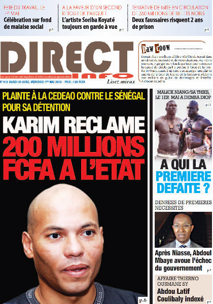A la Une du Journal Direct Info du mardi 30 Avril 2013