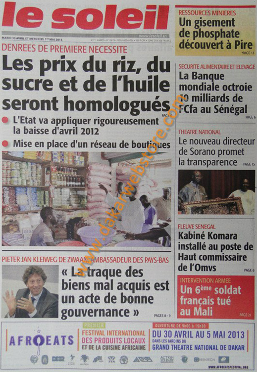 A la Une du Journal Le Soleil du mardi 30 Avril 2013