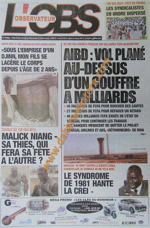 A la Une du Journal L’Observateur du mardi 30 Avril 2013 